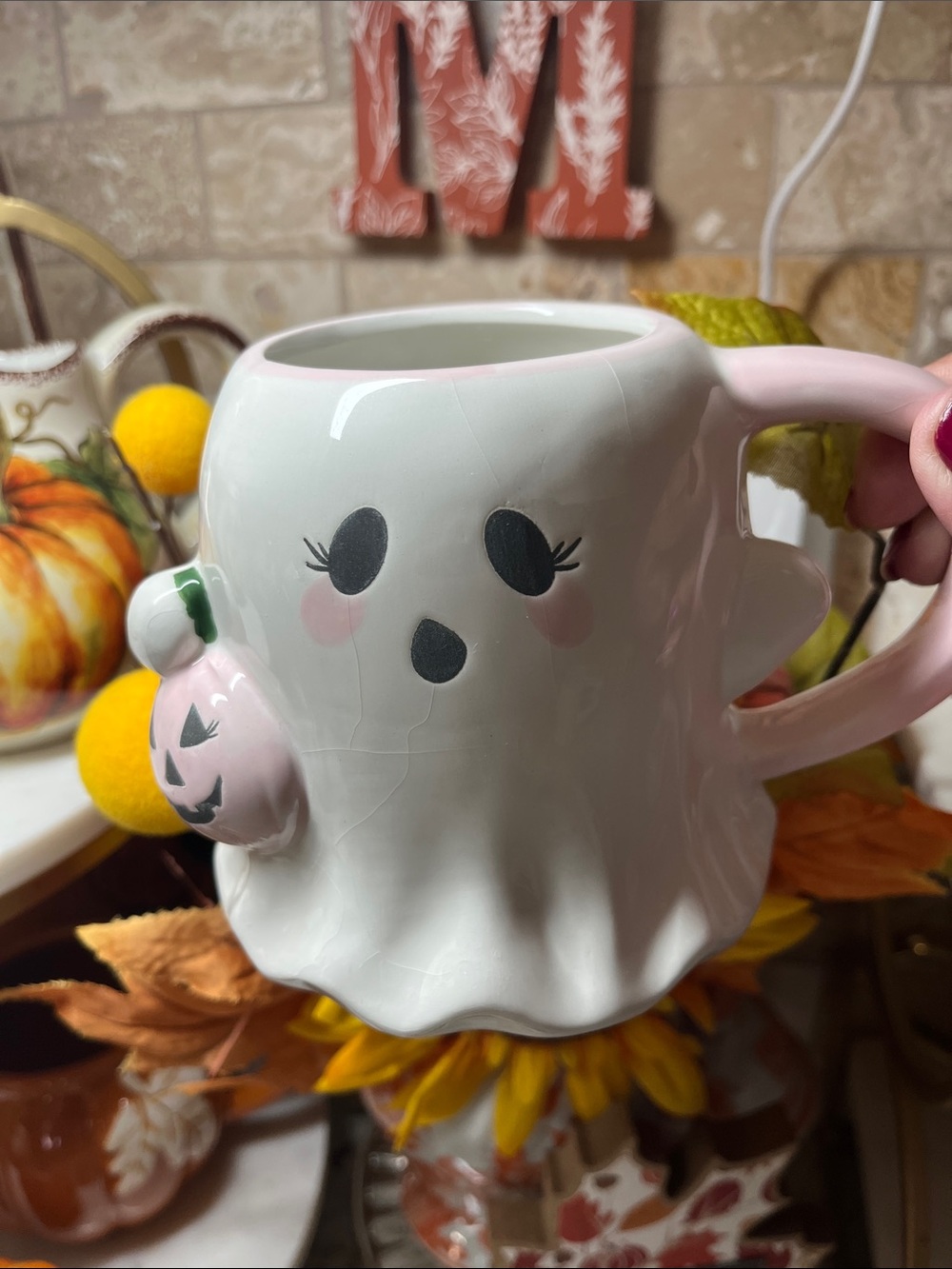 Pink-Accent Ghost Ceramic Mug with Pumpkin Accent